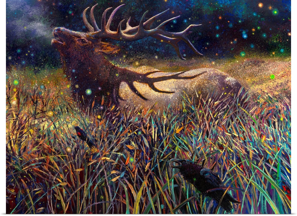 Brightly colored contemporary artwork of a stag in a field with black birds.