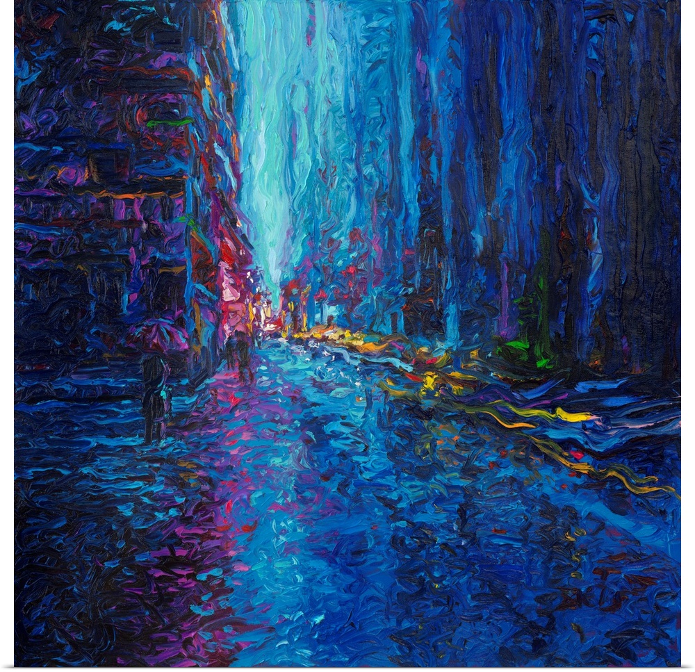 Brightly colored contemporary artwork of an abstract painting of a street.