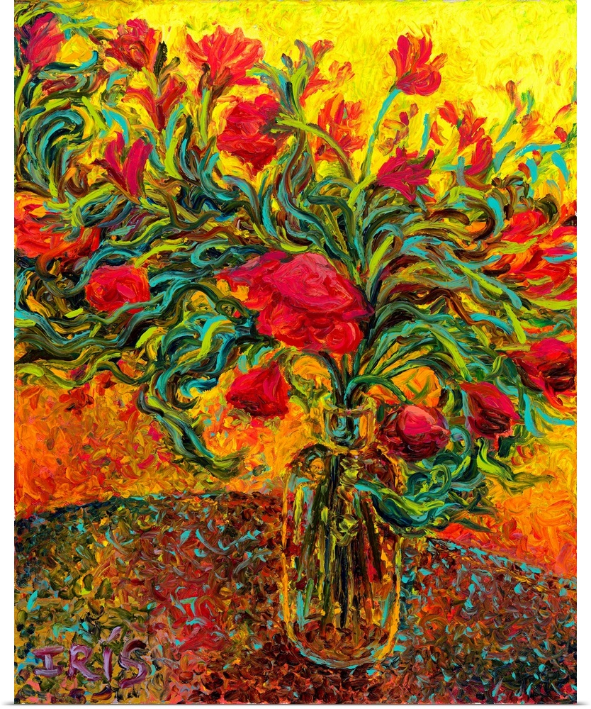 Brightly colored contemporary artwork of red flowers in a vase.