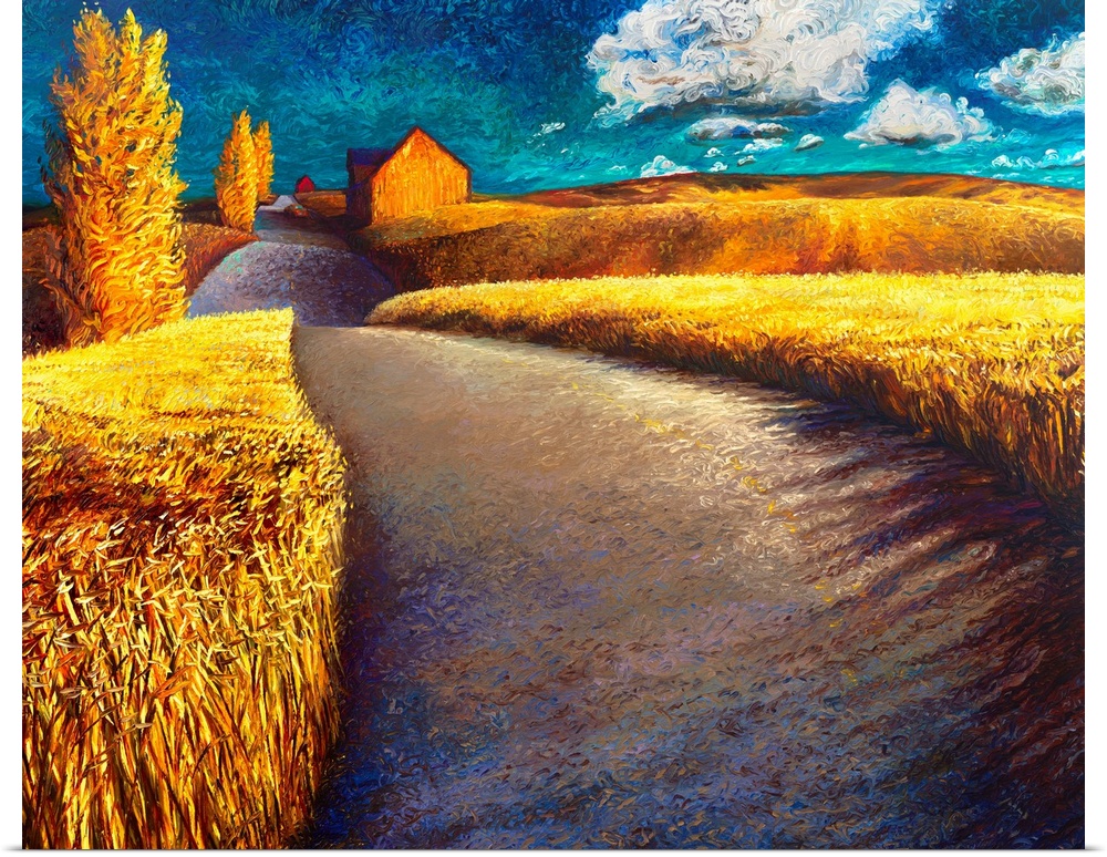 Brightly colored contemporary artwork of a house alongside a road with wheat on both sides.