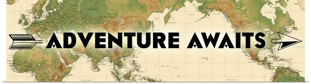 "Adventure Awaits" written over a map of the world, with an arrow motif.