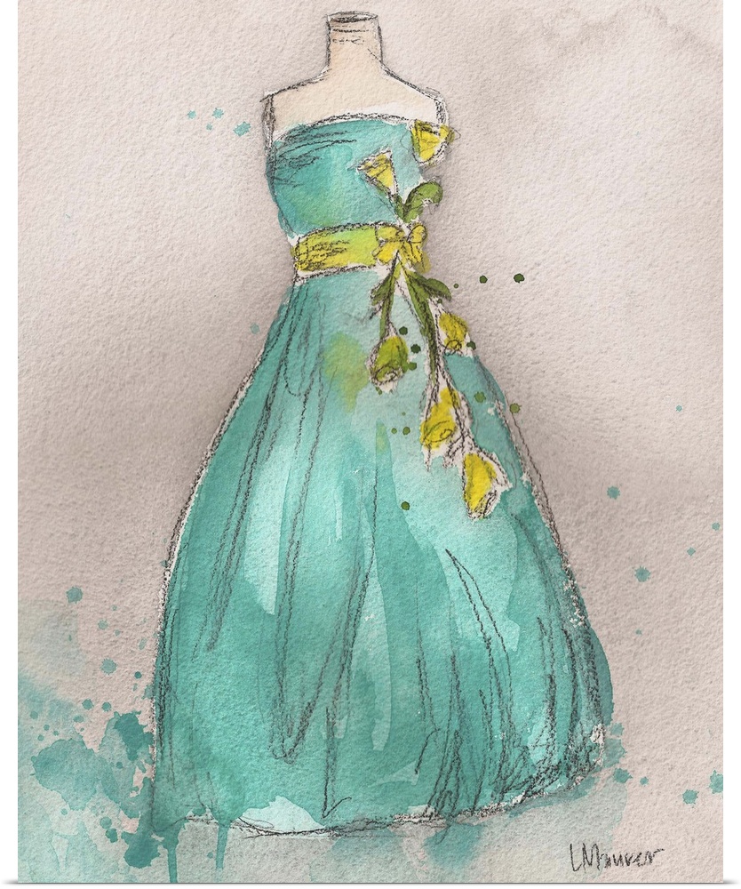 Watercolor painting of a turquoise dress on a dress form.