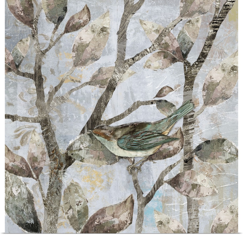 A mixed media painting of a bird perched on tree limbs with hints of gold accents.