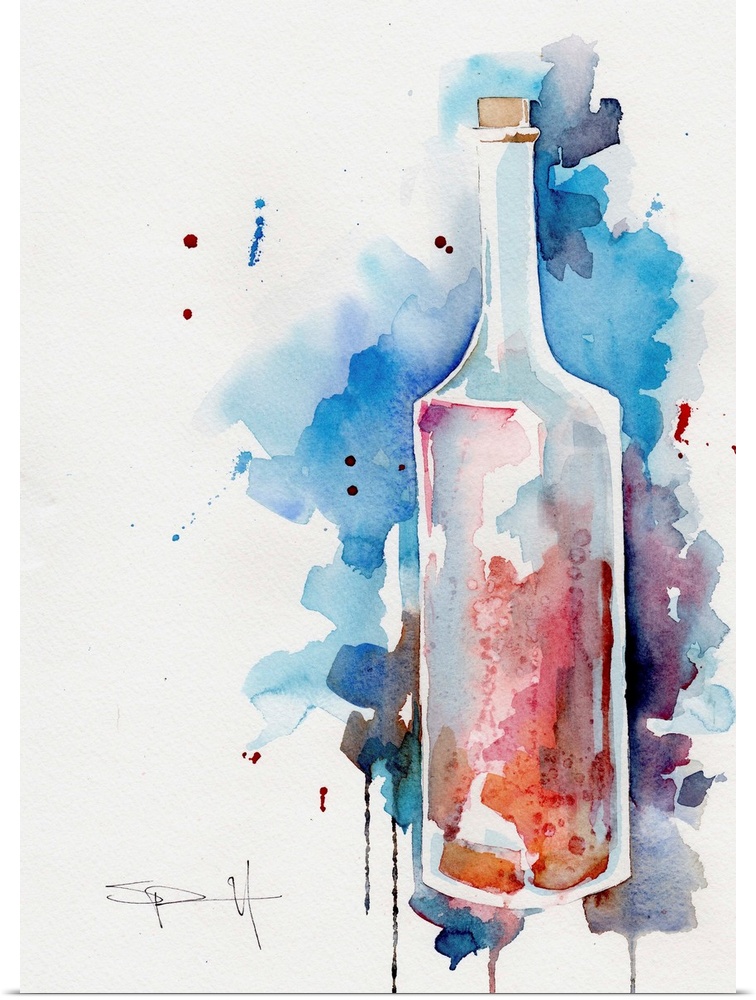 Watercolor painting of a tall glass bottle.