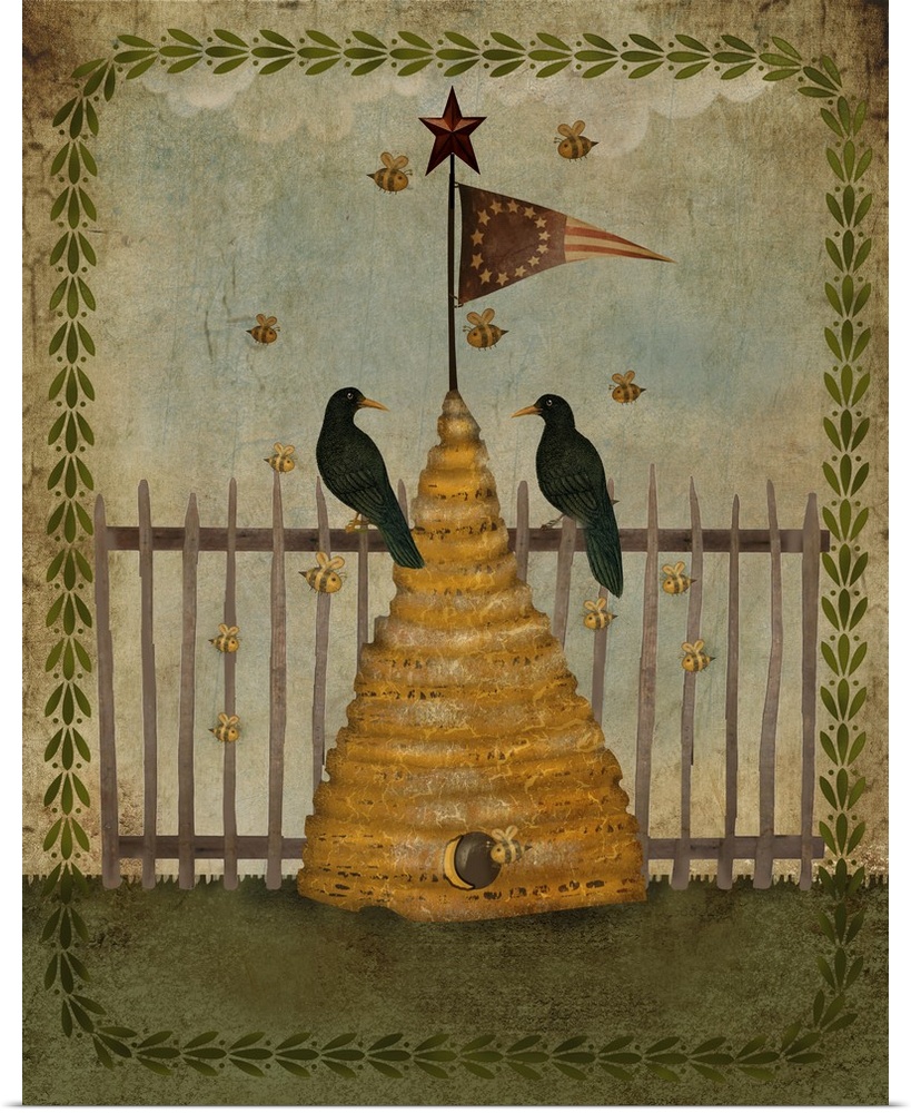 Illustration of a beehive with two birds near a fence.