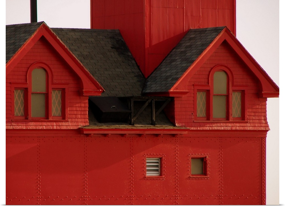 Contemporary painting of a close-up of a red lighthouse.
