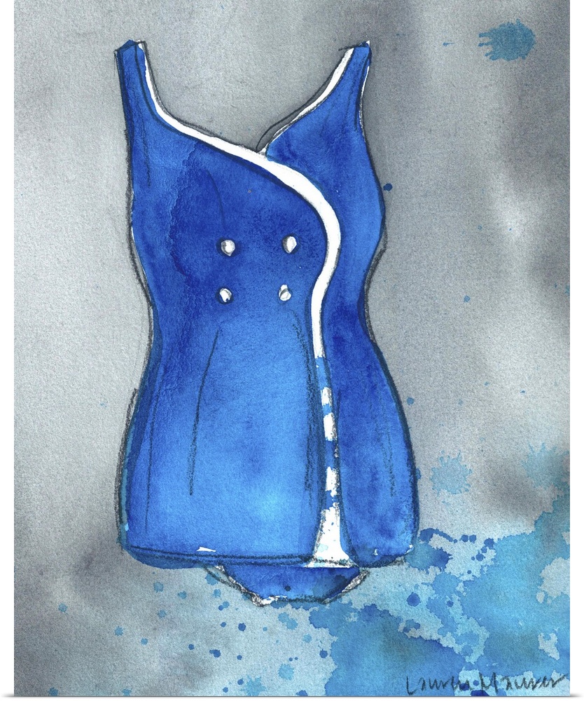 Watercolor painting of a blue one piece bathing suit.