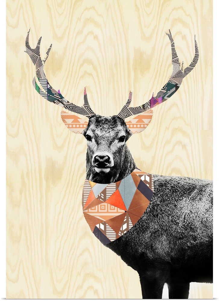 A deer embellished with folk patterns, on a woodgrain background.