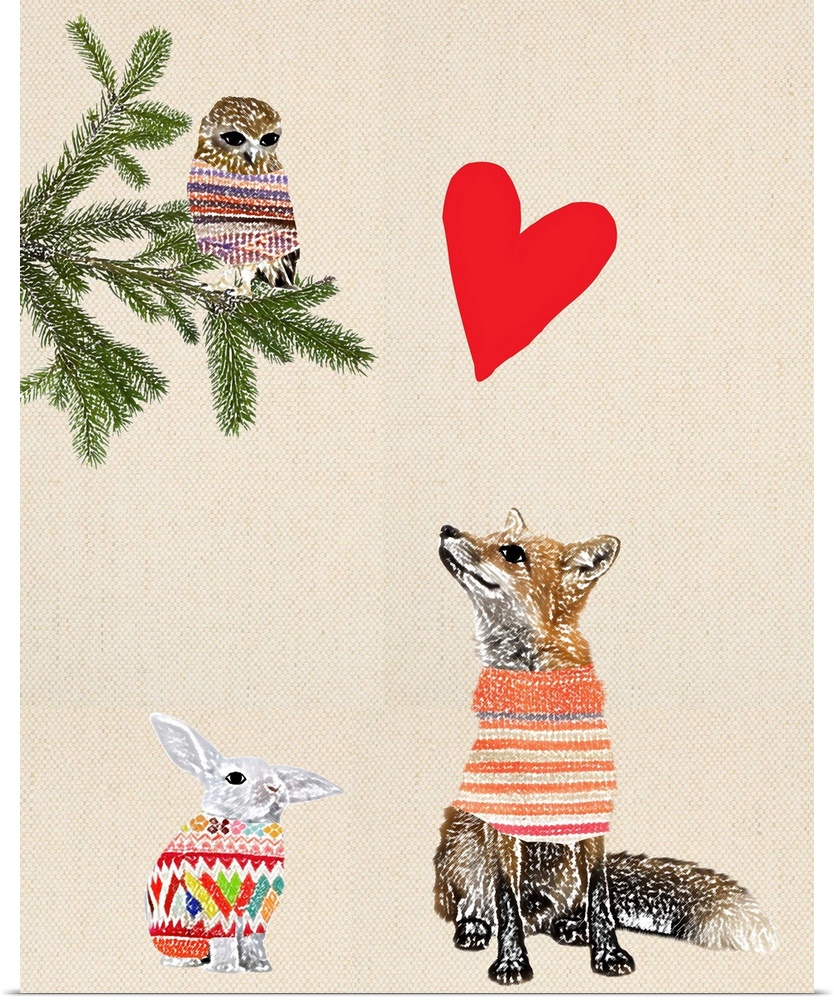 Illustration of a fox, rabbit and owl wearing sweaters, and a red heart above on a linen background.