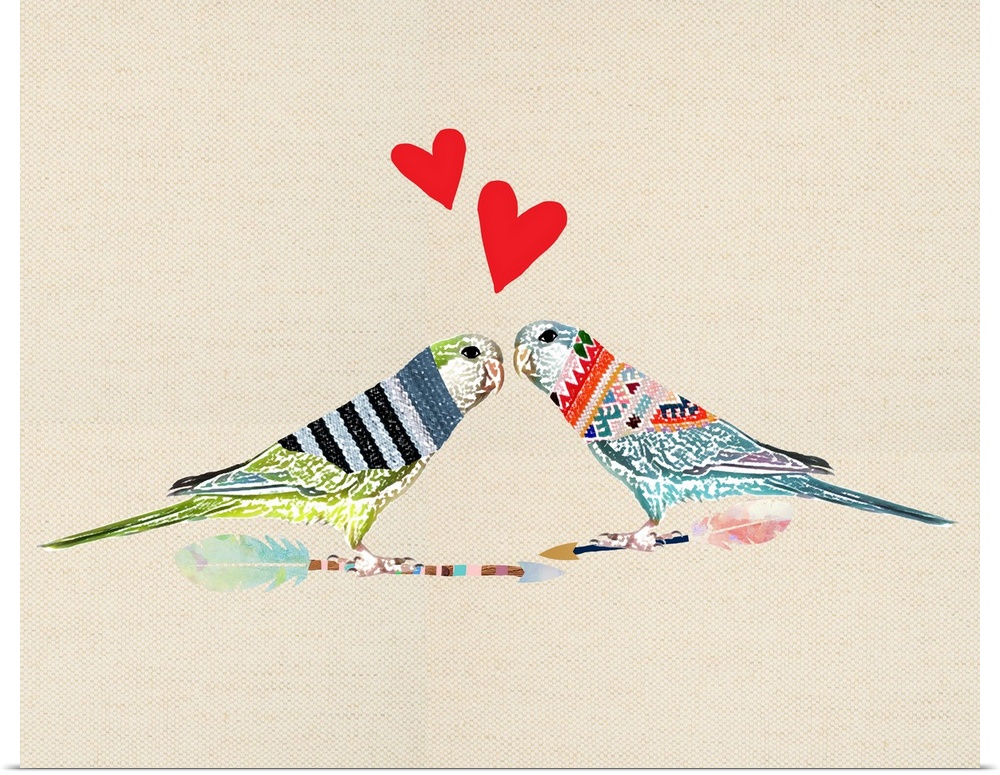 Illustration of two birds perched on arrows, wearing sweaters and red hearts above them on a linen background.