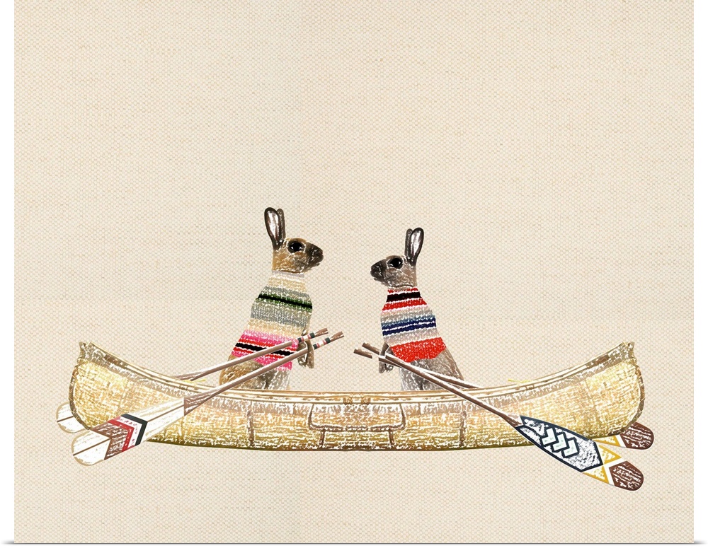 Illustration of tow rabbits wearing sweaters in a canoe on a linen background.