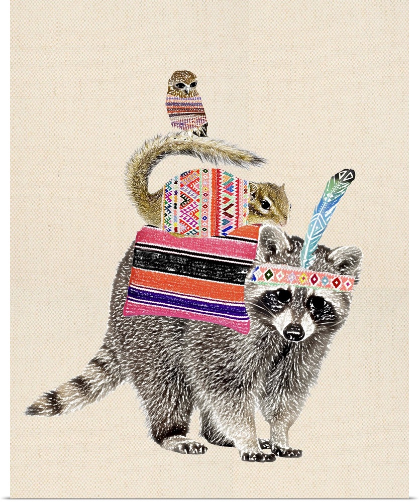 Illustration of a chipmunk and owl riding the back of a raccoon on a linen background.