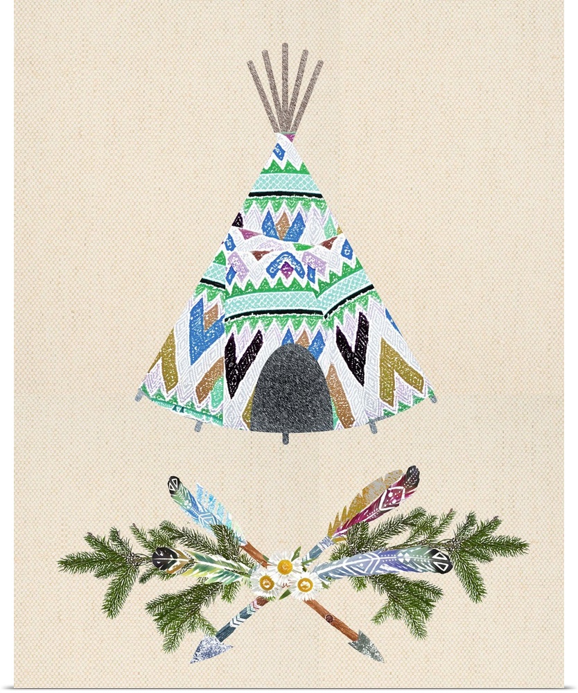 Illustration of a colorful tepee in blue shades on a linen background.