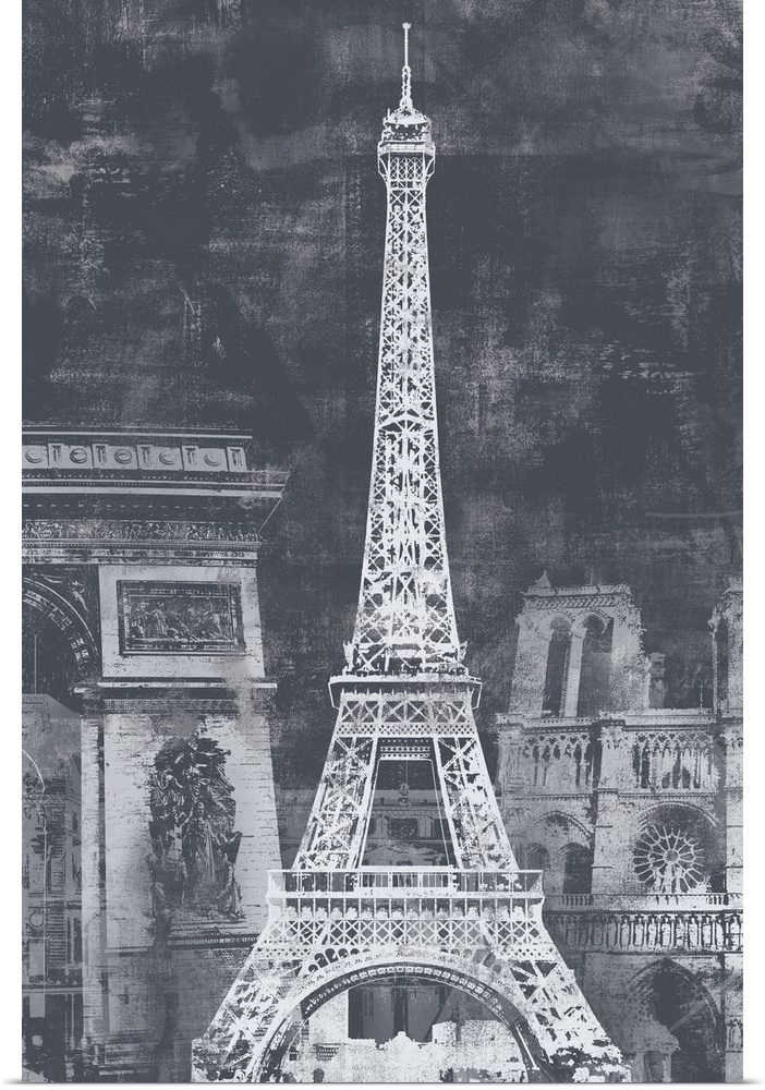 A large decorative image of the Eiffel Tower and other Paris landmarks behind it, done in a distressed gray finish.