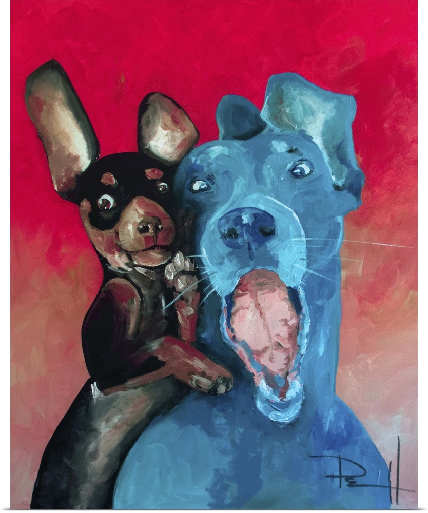 Painting of two dogs with floppy ears and funny expressions.