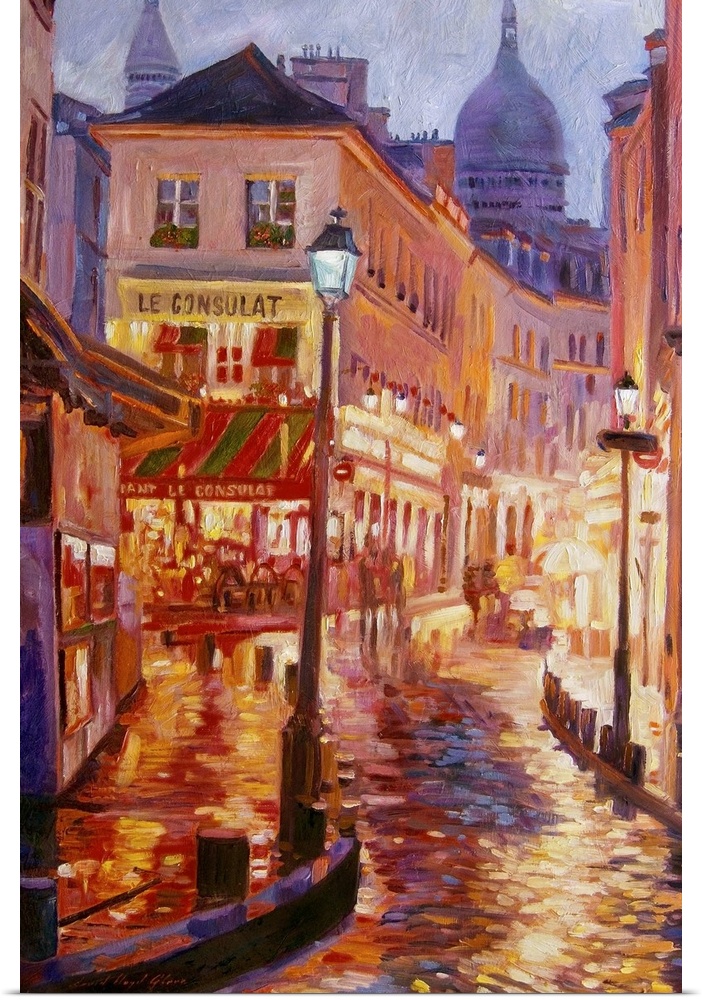 Painting of a European city street glowing from the street lights at night.