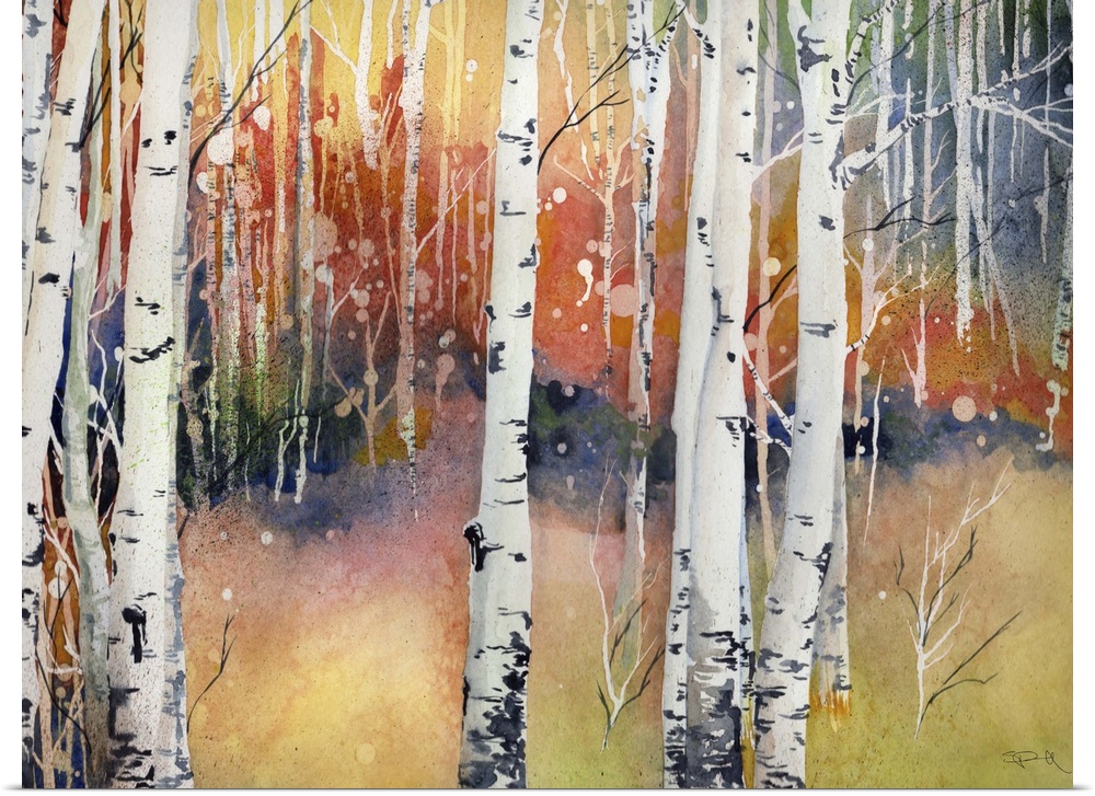Painting of an aspen forest in fall colors.