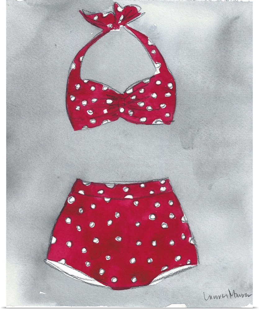 Watercolor painting of a red bikini with white polka dots.