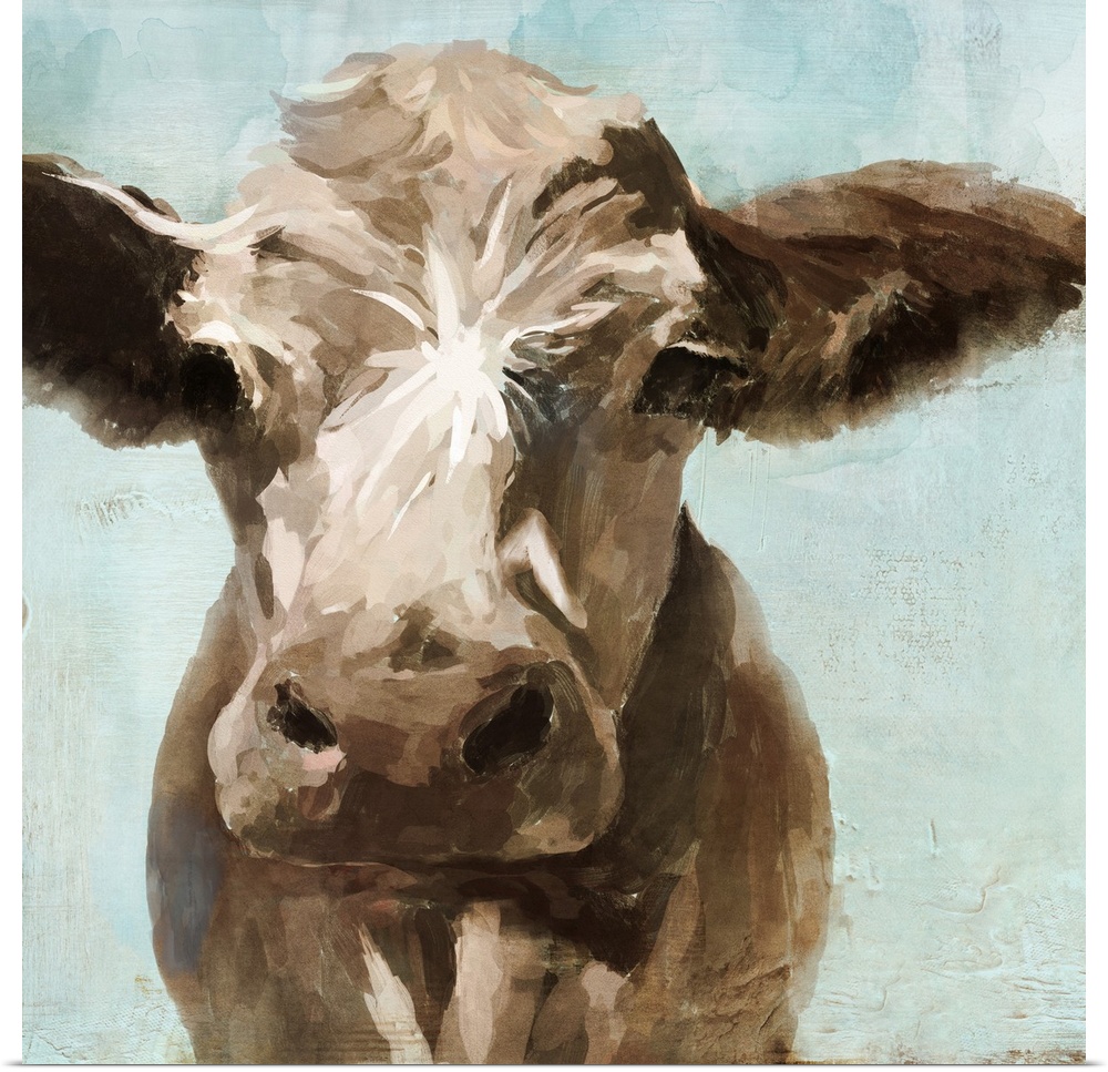 A contemporary painting of a brown cow on a pale blue background.