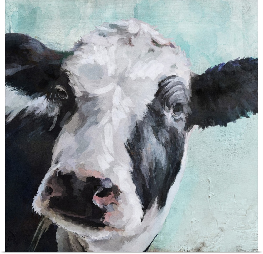 A contemporary painting of a black and white cow on a pale blue background.