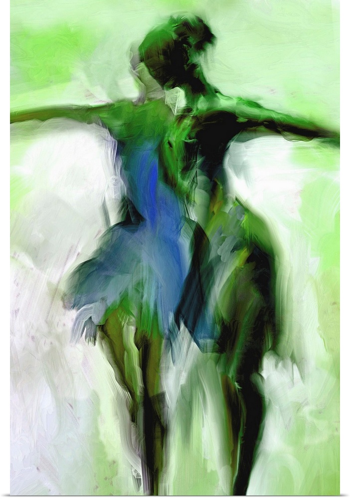 Painting of the figure of two ballerinas in shades of green.