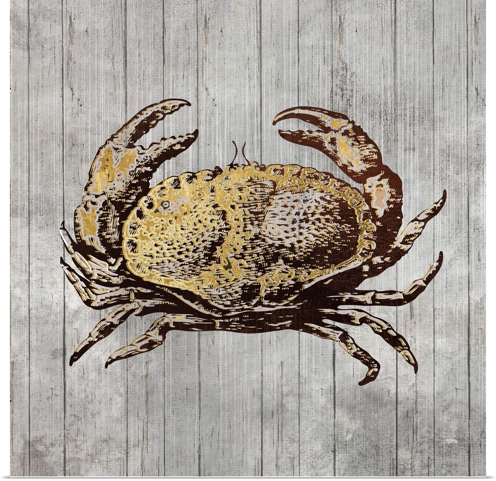 A decorative image of a crab with gold accents on a gray wood backdrop.