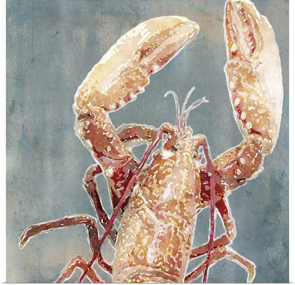 Watercolor painting of a lobster with large claws.