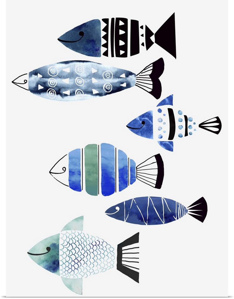 A modern watercolor design of a group of fish in different patterned colors of blue and green.