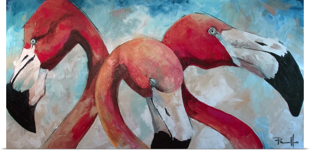 Painting of three pink flamingos.