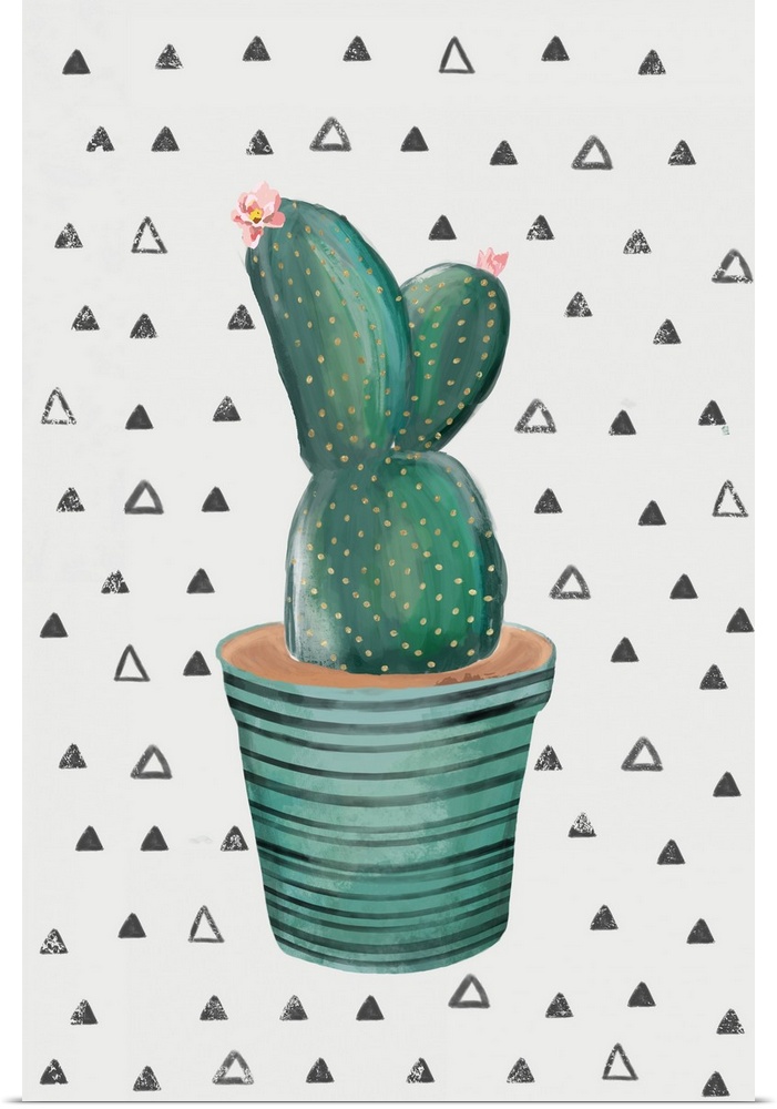 Creative artwork of a blooming cactus in a teal flowerpot on a white background with small triangle shapes.