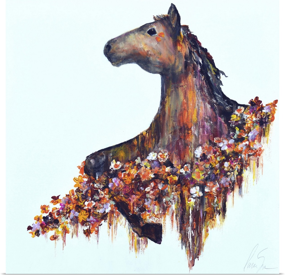 A prancing horse surrounded by blooming flowers.