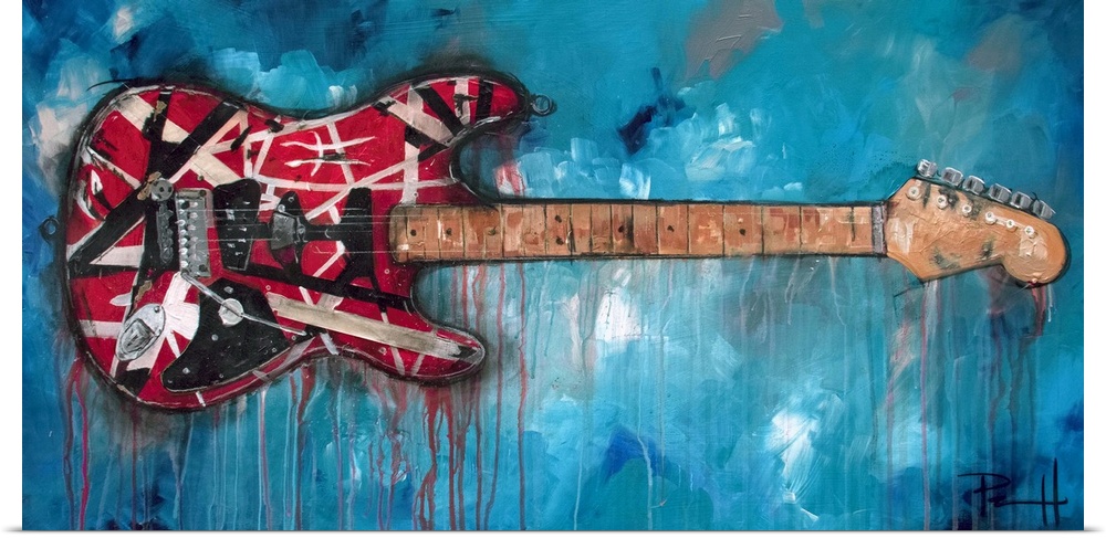 Painting of a red electric guitar.