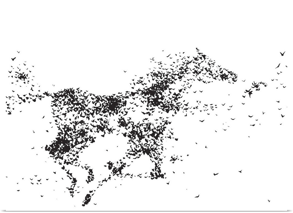 Painting of a horse formed of black paint splatters and drips on white.
