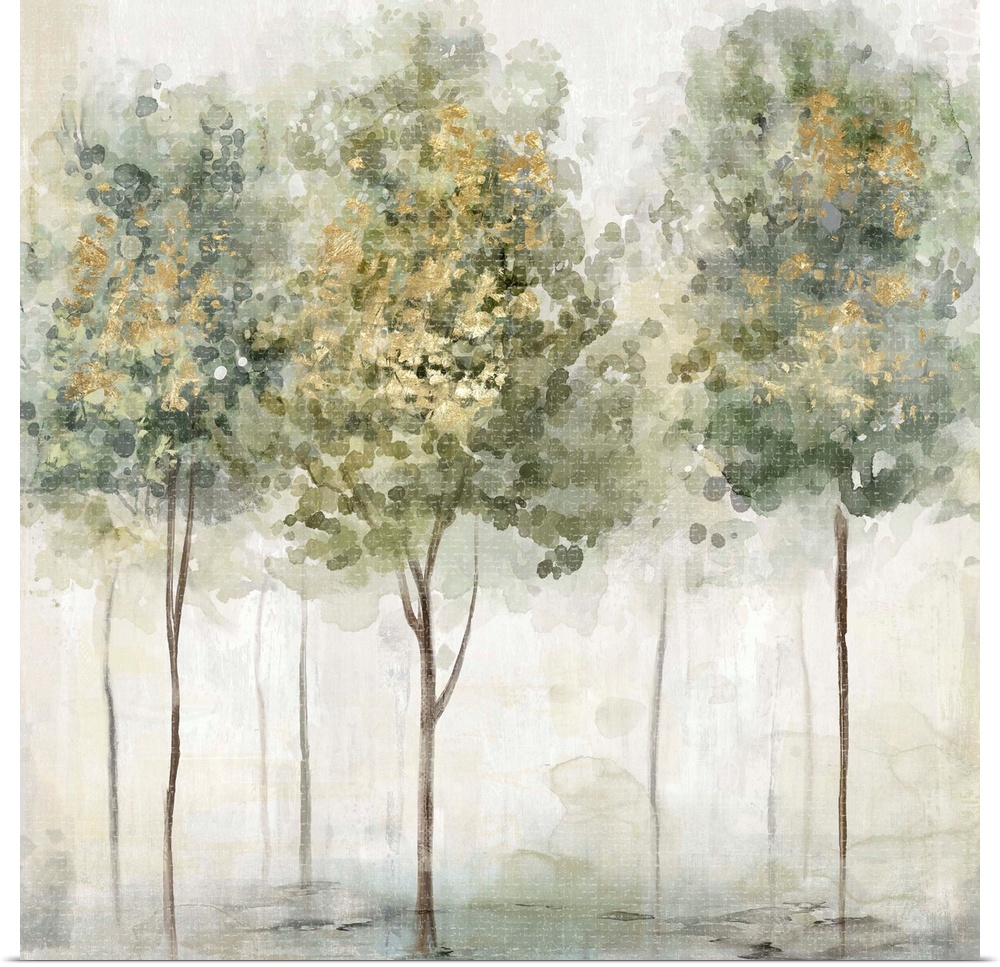 Decorative painting of a group of trees in faded muted colors with a small white speckled overlay.