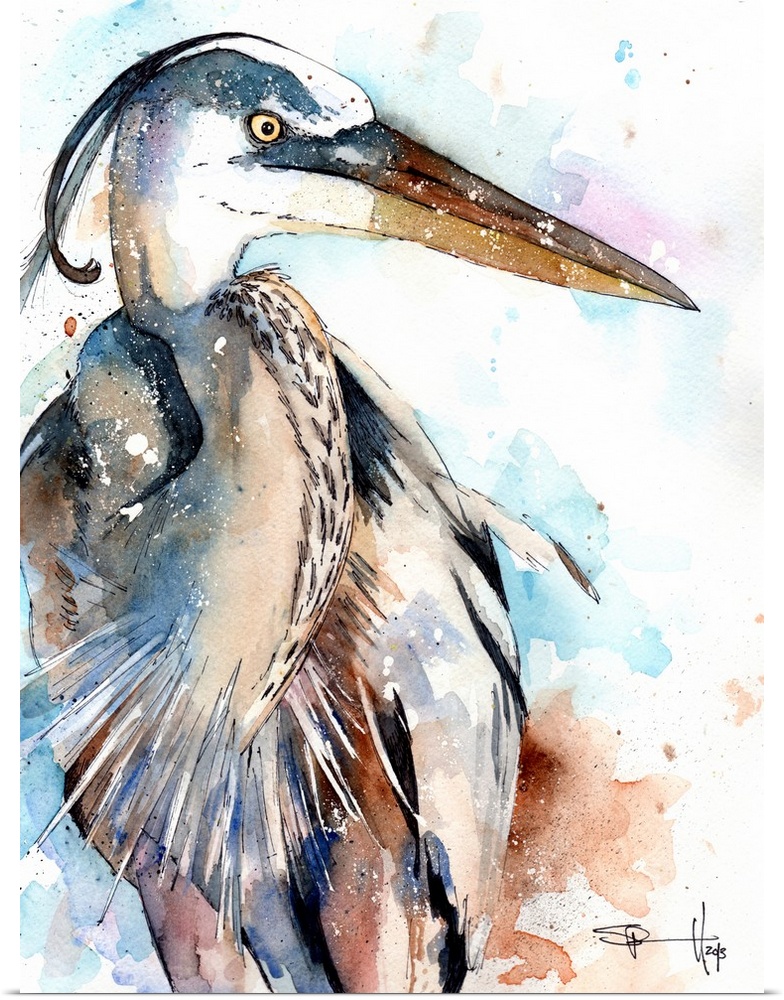 Watercolor painting of a great blue heron.