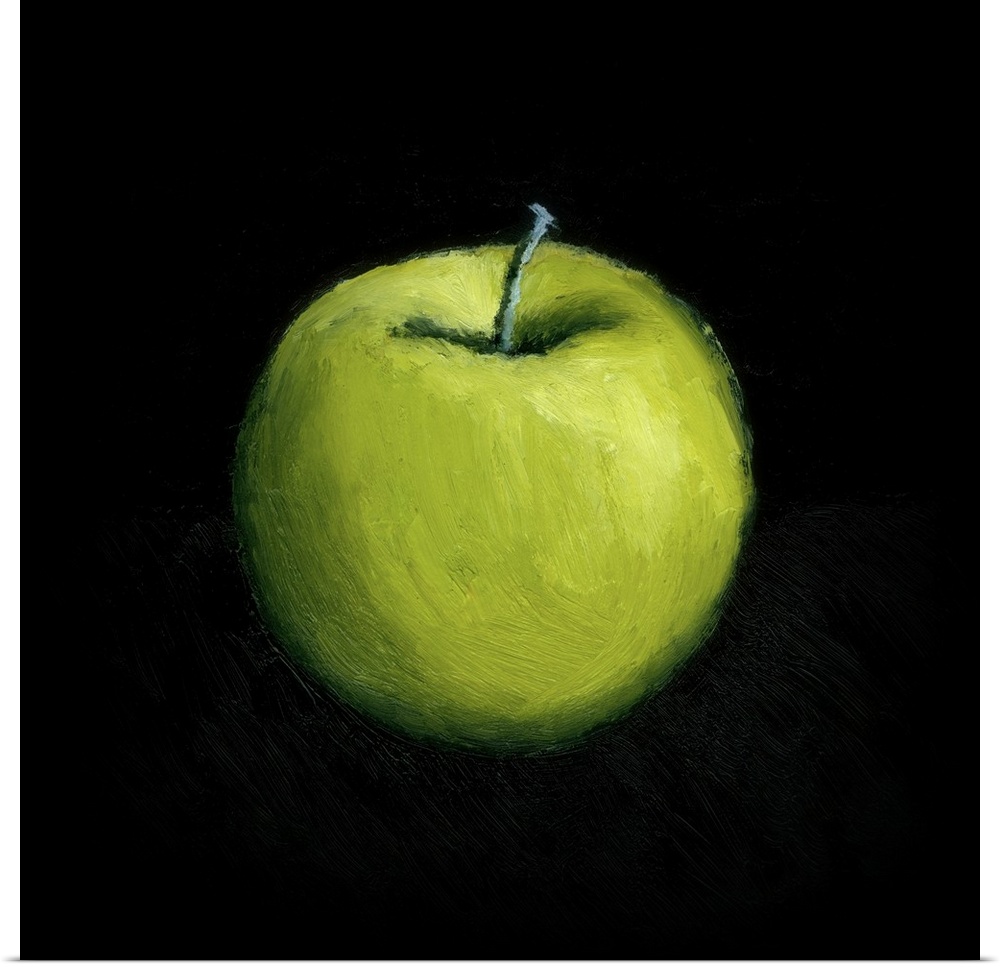 Contemporary still-life painting of a green apple against a black a background.