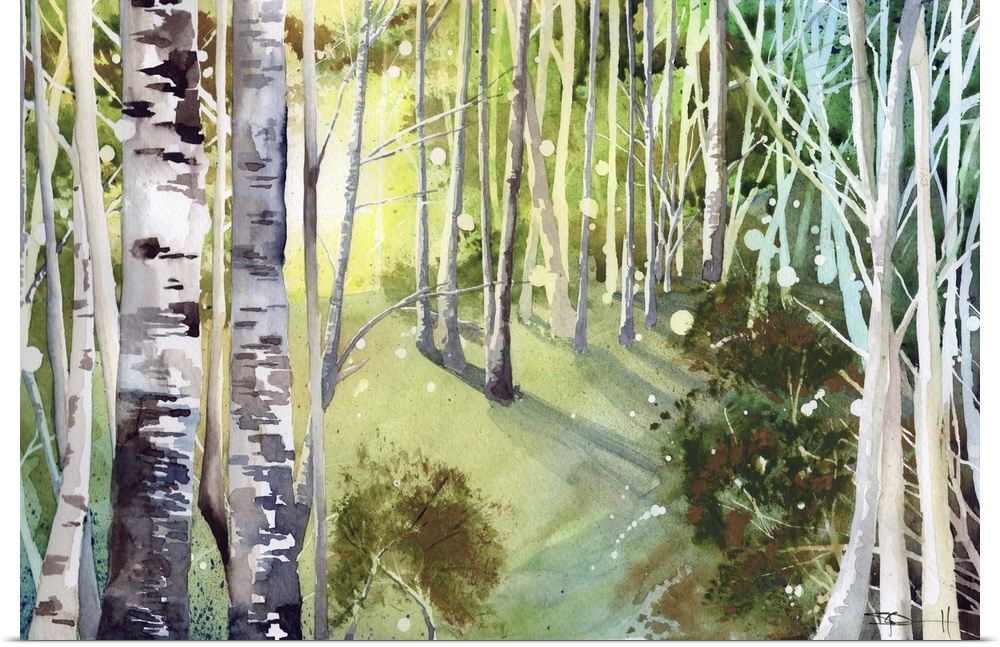 Painting of a forest with birch trees in green light.