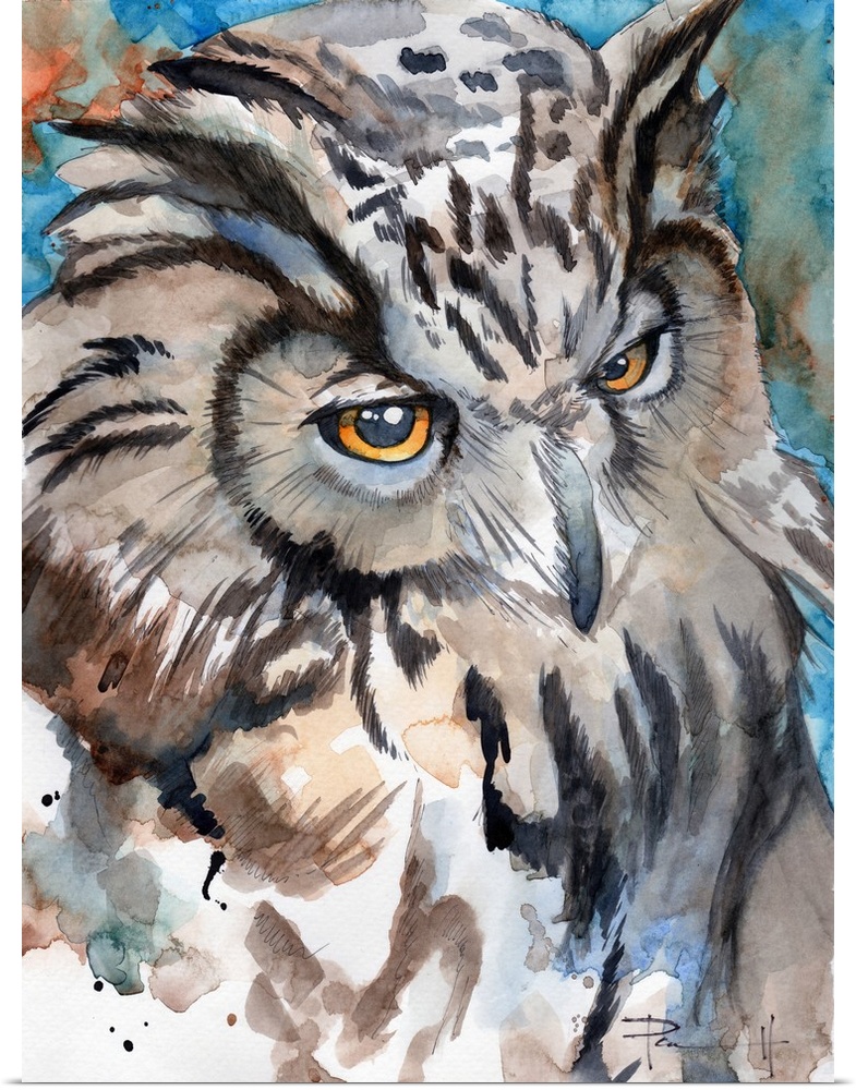 Watercolor portrait of a European Eagle Owl.