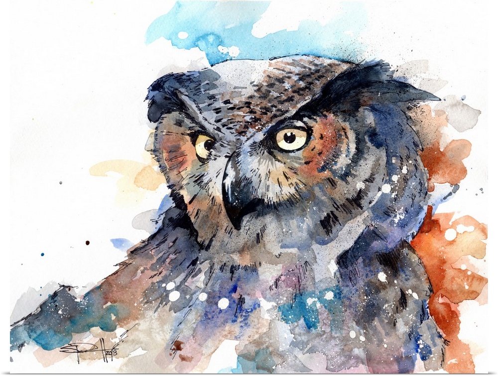 Watercolor portrait of a Great Horned Owl with intense eyes.