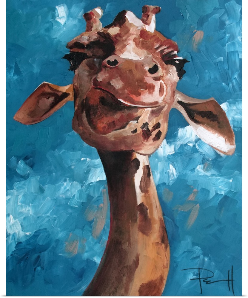 Painting of a giraffe making a humorous face.