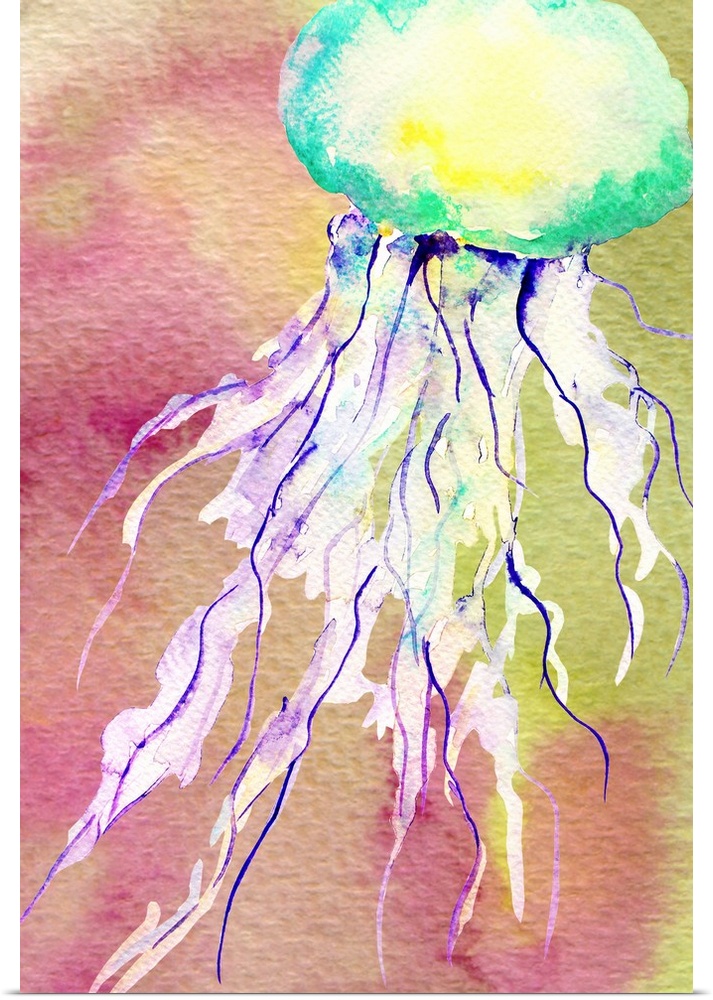 Watercolor artwork of a jellyfish with long tentacles.