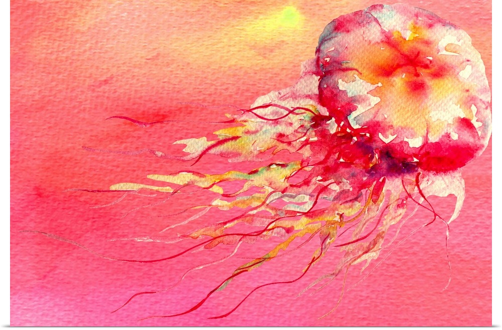 Watercolor artwork of a jellyfish with long tentacles.