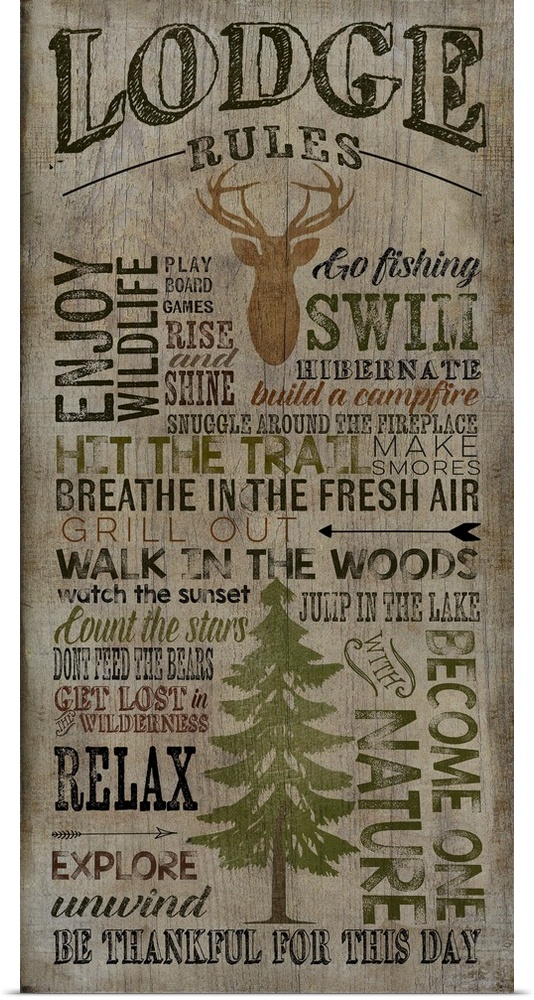 Typography art of cabin rules with a weathered wood effect.