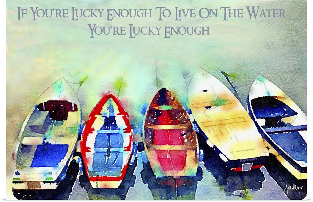 Row of colorful boats on the water with a sentiment of gratitude.