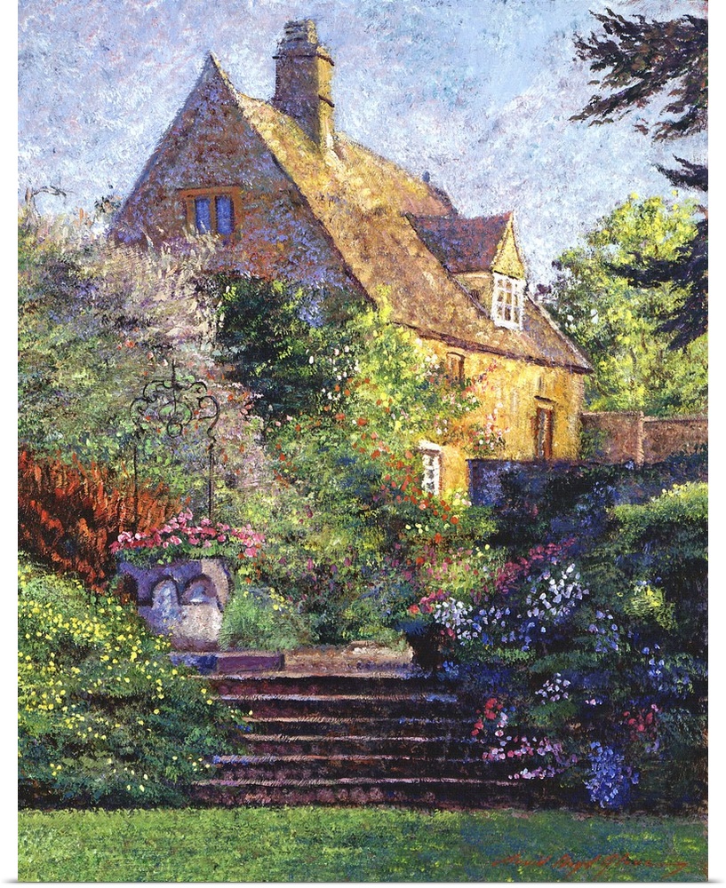 Painting of a cottage with an extensive garden in the late afternoon sunlight.