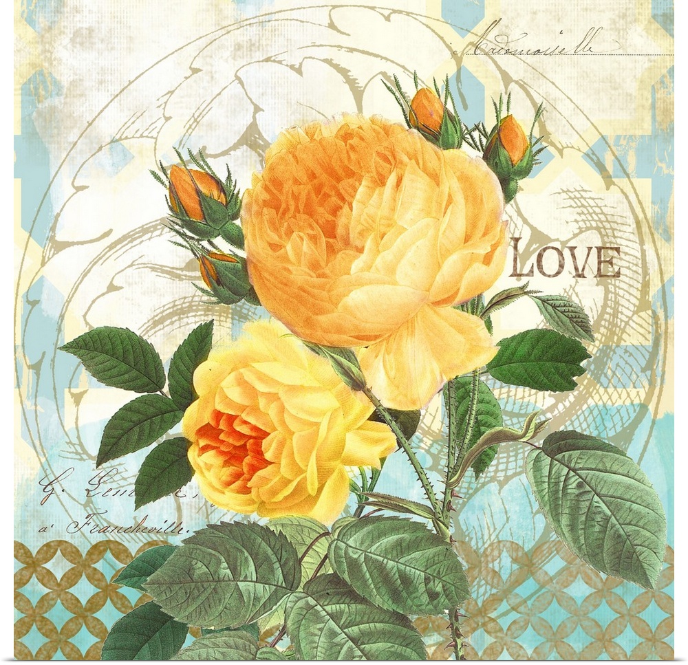 Home decor artwork of soft flowers and and ornate patterns in a country house style.