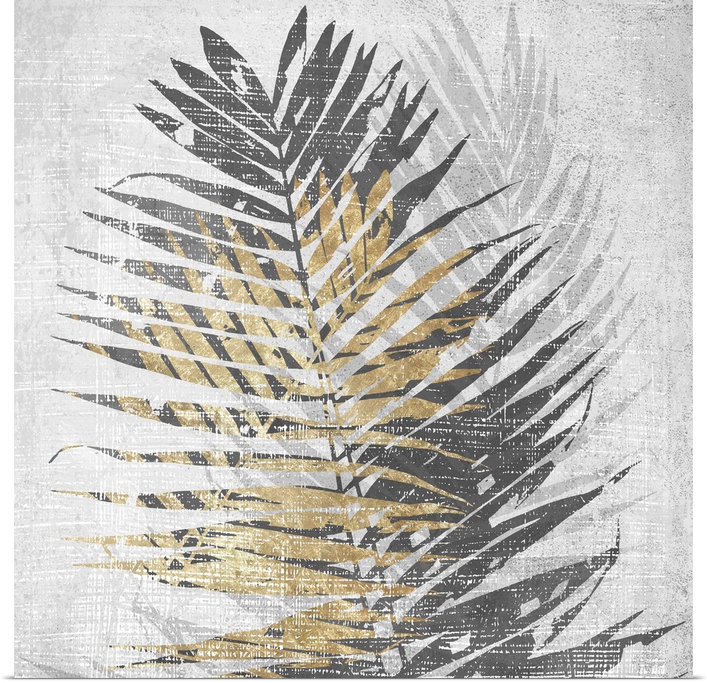 A square artistic image of a gold and gray fern leaves with a fade leaf in the background with white scratches on top.
