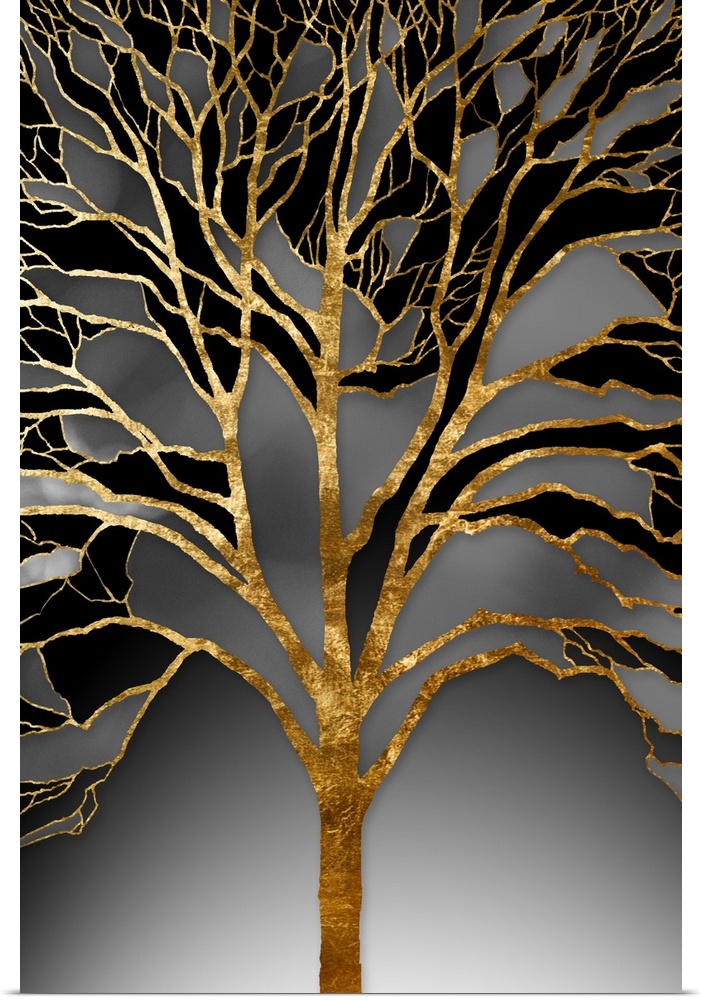 A modern design of a tree of metallic gold with shades of gray and black between the branches.
