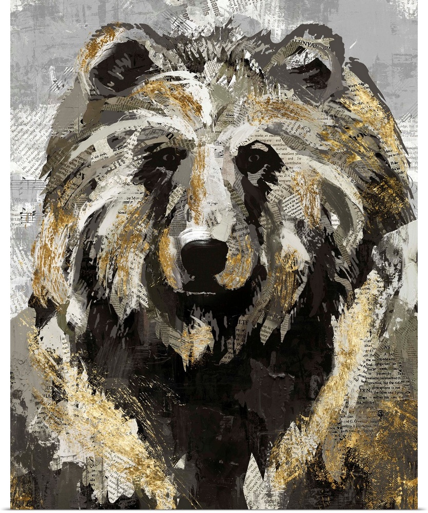 A decorative image of a bear with gold accents on a gray backdrop with faded newspaper peeping throughout.