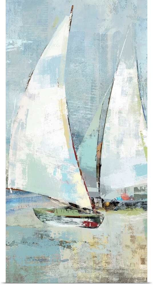 A long vertical painting of sailboats with patches of multiple colors in muted tones.